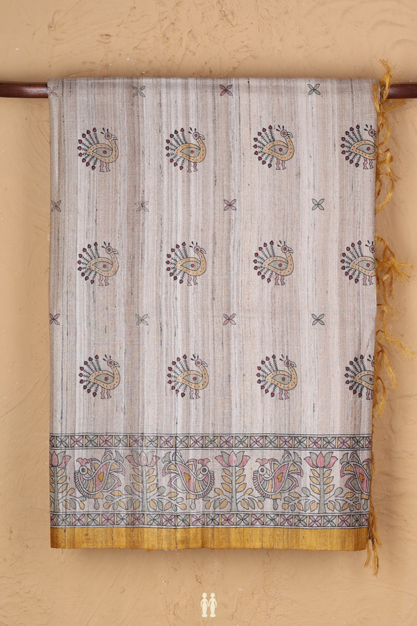 Tussar Madhubani Silk Saree In Cream Color With Peacock Design