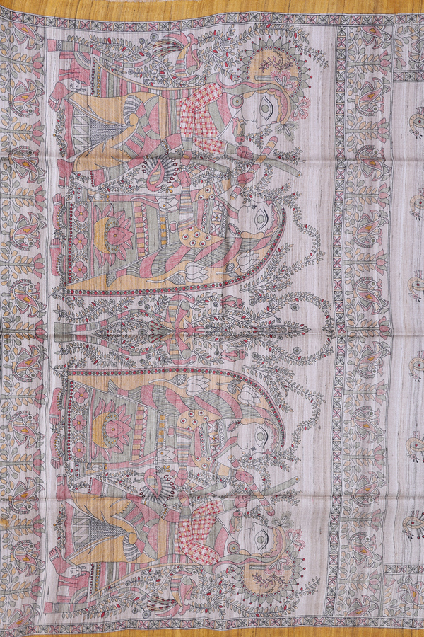 Tussar Madhubani Silk Saree In Cream Color With Peacock Design