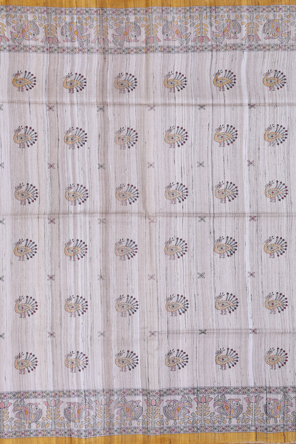 Tussar Madhubani Silk Saree In Cream Color With Peacock Design