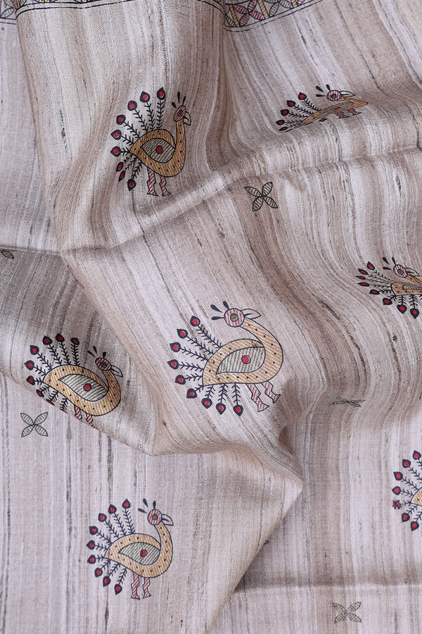 Tussar Madhubani Silk Saree In Cream Color With Peacock Design