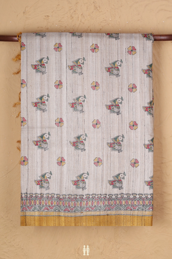 Tussar Madhubani Silk Saree In Cream Color With Buttas