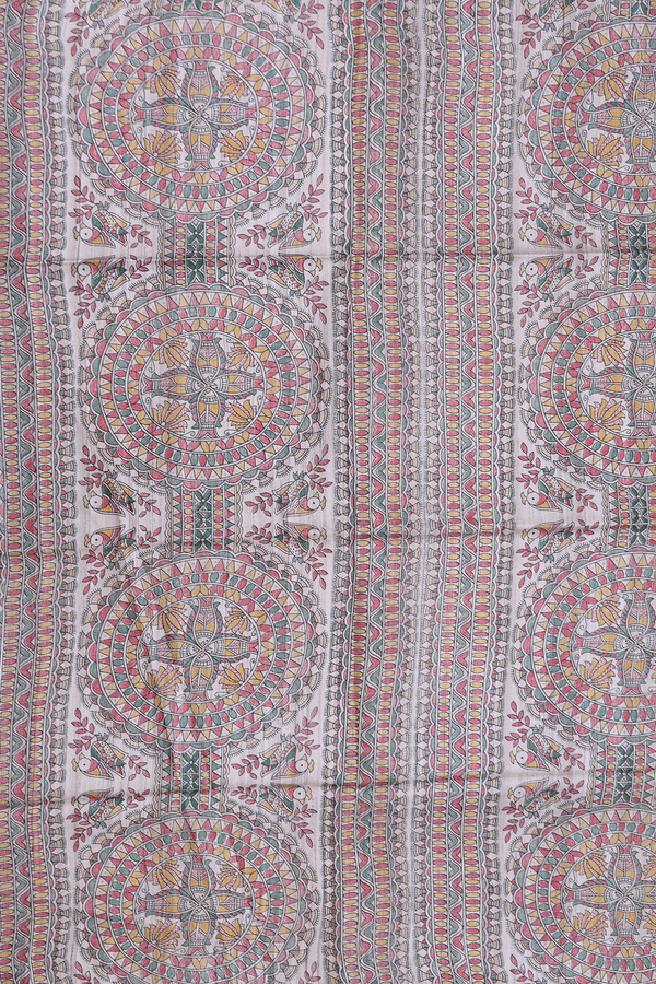 Tussar Madhubani Silk Saree In Cream Color With Buttas