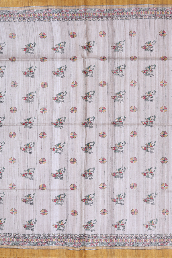 Tussar Madhubani Silk Saree In Cream Color With Buttas
