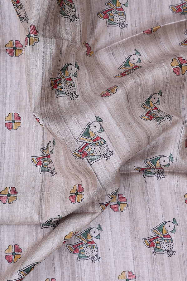 Tussar Madhubani Silk Saree In Cream Color With Buttas