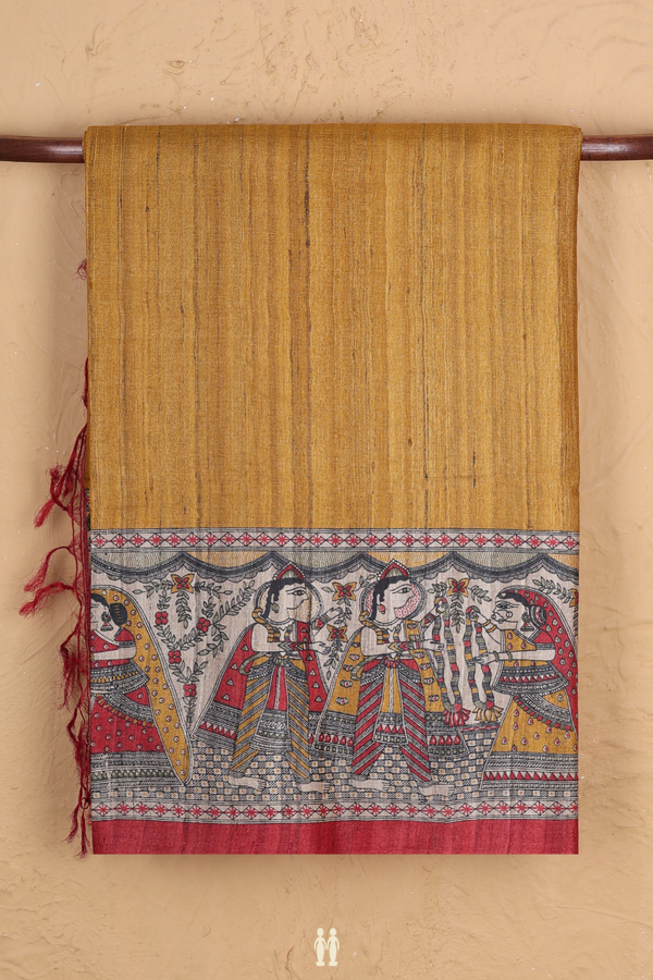 Tussar Madhubani Silk Saree Golden Yellow With Printed Border