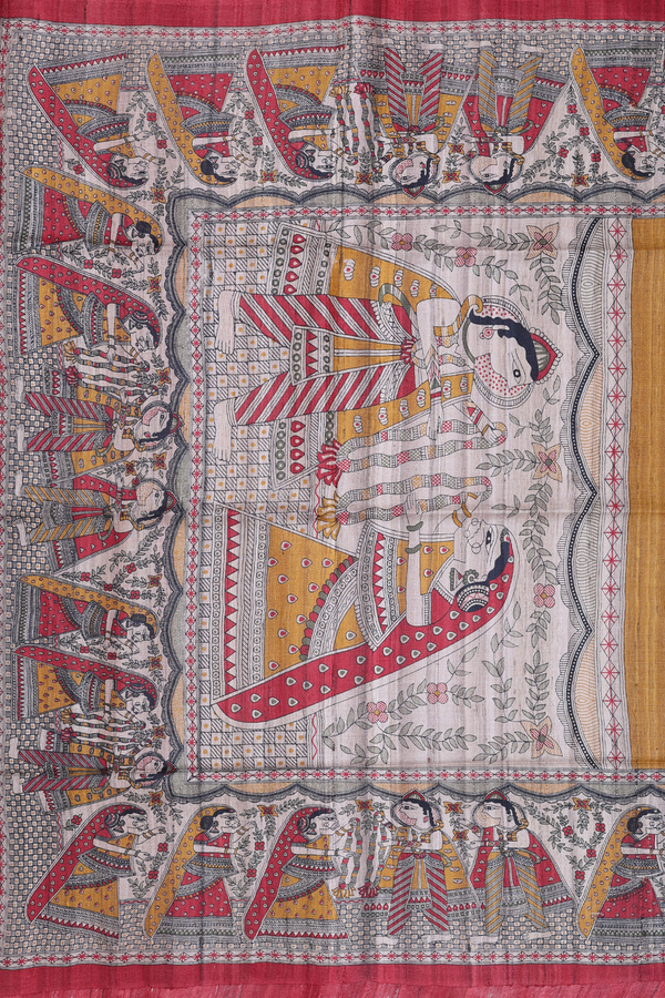 Tussar Madhubani Silk Saree Golden Yellow With Printed Border