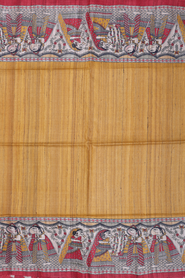 Tussar Madhubani Silk Saree Golden Yellow With Printed Border