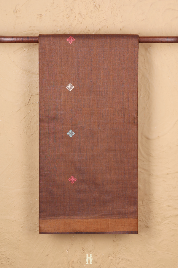 Tussar Silk Saree In Saddle Brown With Threadwork Buttas