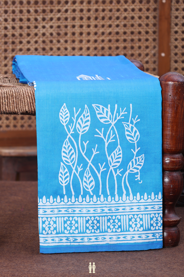 Printed Silk Saree In Deep Sky Blue With Allover Design