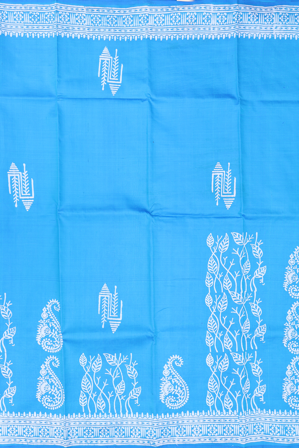 Printed Silk Saree In Deep Sky Blue With Allover Design
