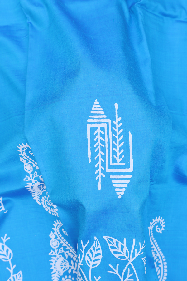 Printed Silk Saree In Deep Sky Blue With Allover Design