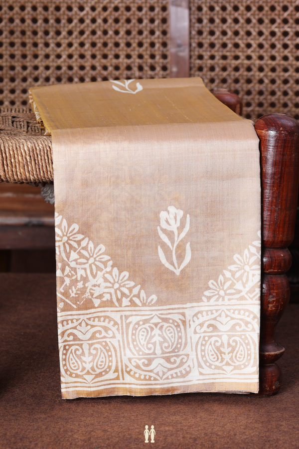 Printed Silk Saree In Pastel Brown With Floral Design