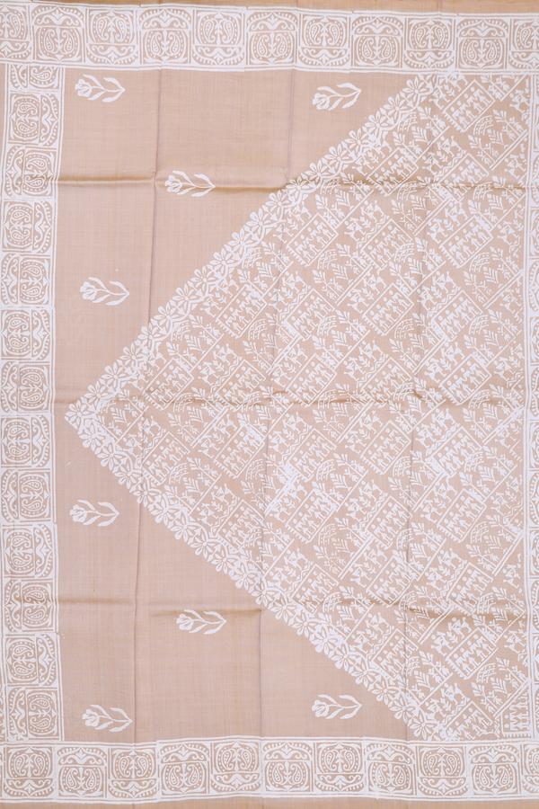 Printed Silk Saree In Pastel Brown With Floral Design