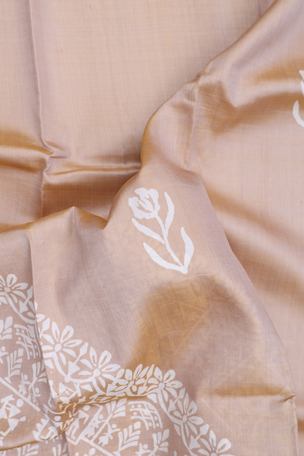 Printed Silk Saree In Pastel Brown With Floral Design