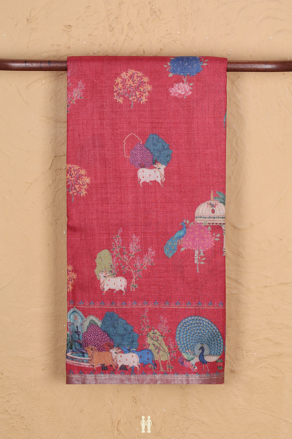 Tussar Silk Saree In Hibiscus Red With Printed Design
