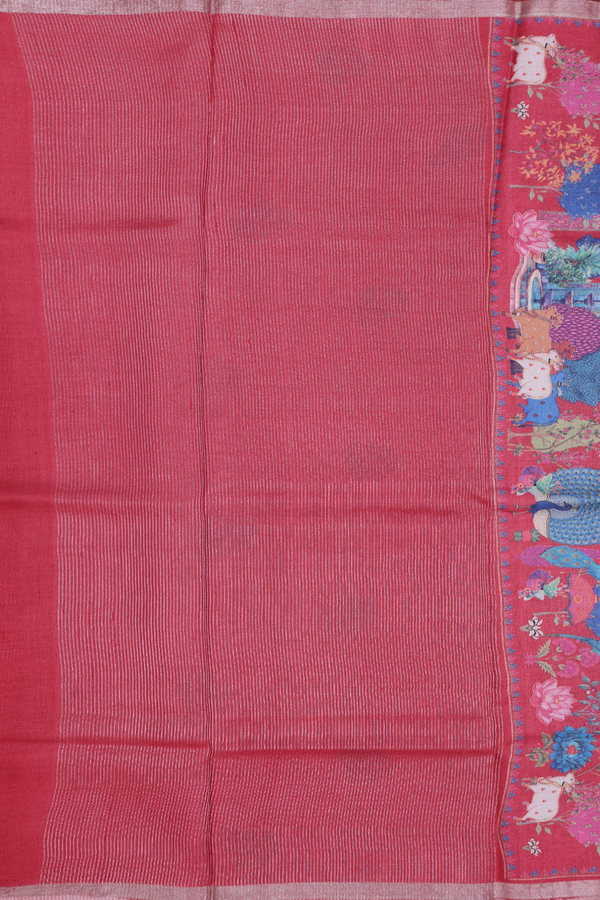 Tussar Silk Saree In Hibiscus Red With Printed Design