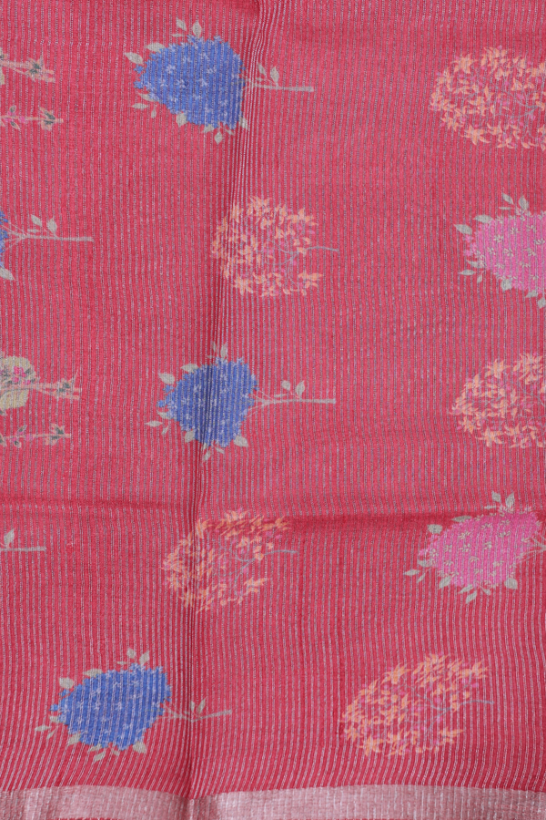 Tussar Silk Saree In Hibiscus Red With Printed Design