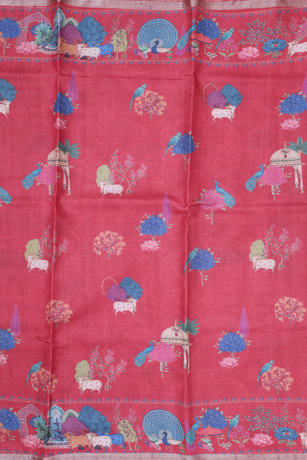 Tussar Silk Saree In Hibiscus Red With Printed Design