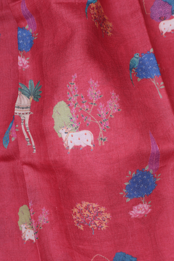 Tussar Silk Saree In Hibiscus Red With Printed Design