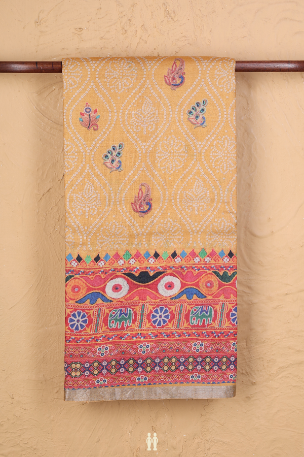 Tussar Silk Saree In Yellow With Ogee Design