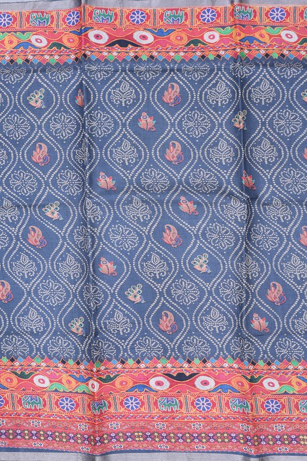 Tussar Silk Saree In Pigeon Blue With Ogee Design