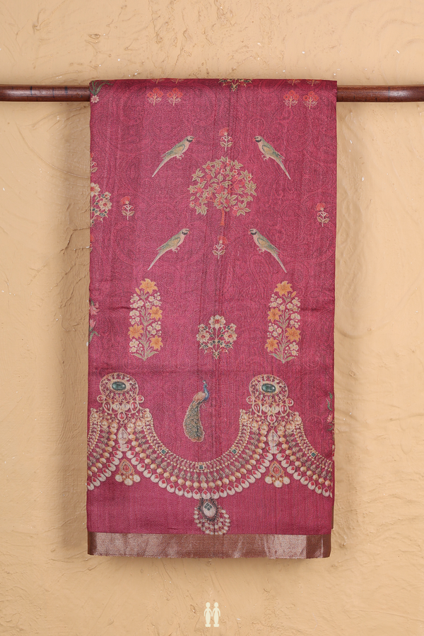 Tussar Silk Saree In HIbiscus Red With Parrot Design