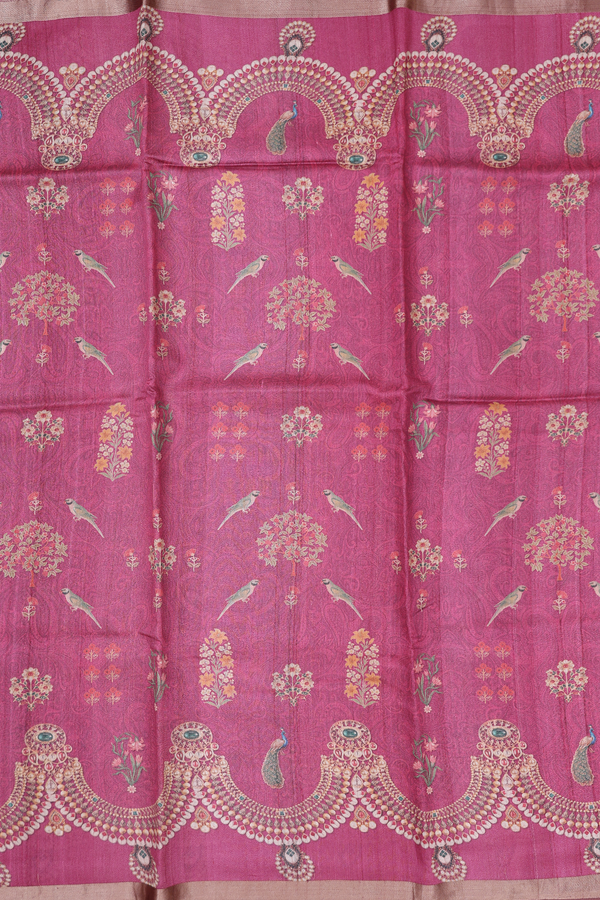 Tussar Silk Saree In HIbiscus Red With Parrot Design