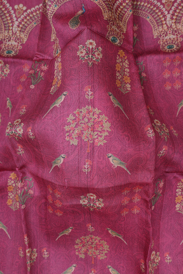 Tussar Silk Saree In HIbiscus Red With Parrot Design