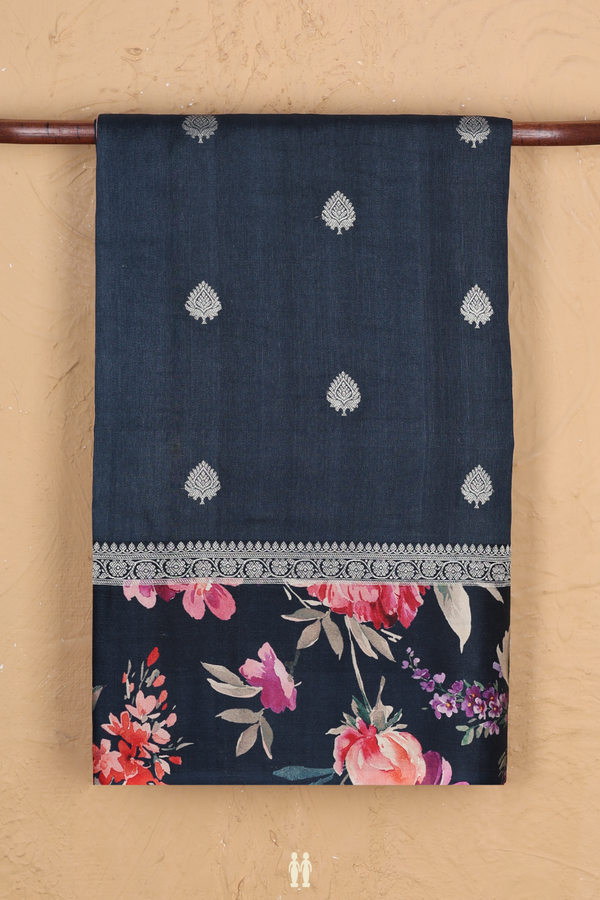 Tussar Silk Saree In Prussian Blue With Zari Buttas