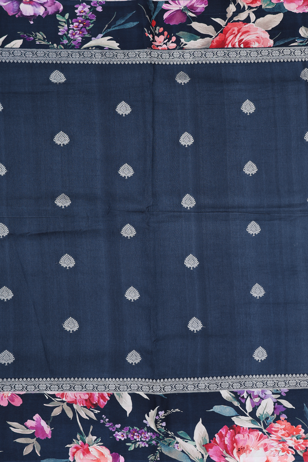 Tussar Silk Saree In Prussian Blue With Zari Buttas