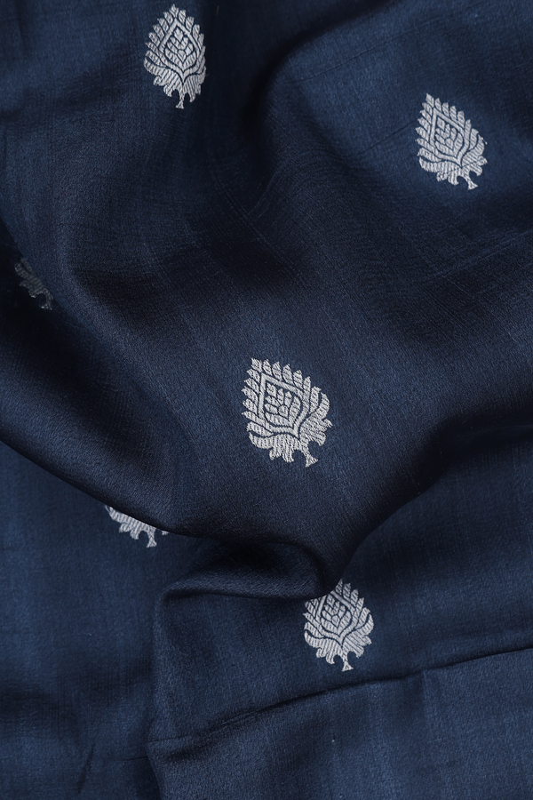 Tussar Silk Saree In Prussian Blue With Zari Buttas