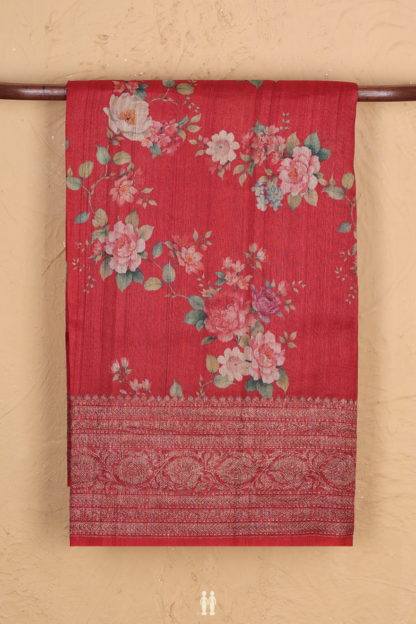 Tussar Silk Saree In Crimson Red With Floral Design