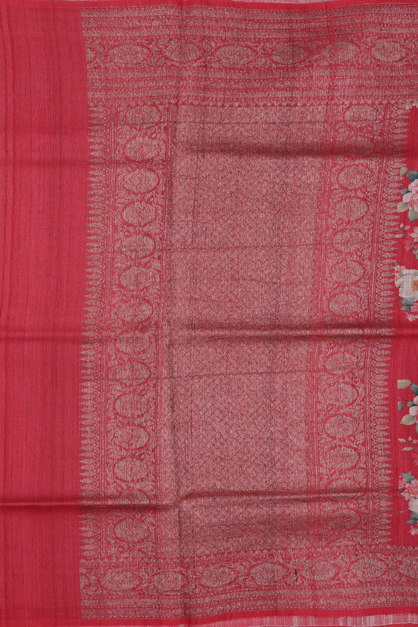 Tussar Silk Saree In Crimson Red With Floral Design