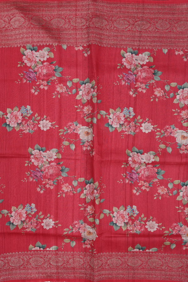 Tussar Silk Saree In Crimson Red With Floral Design