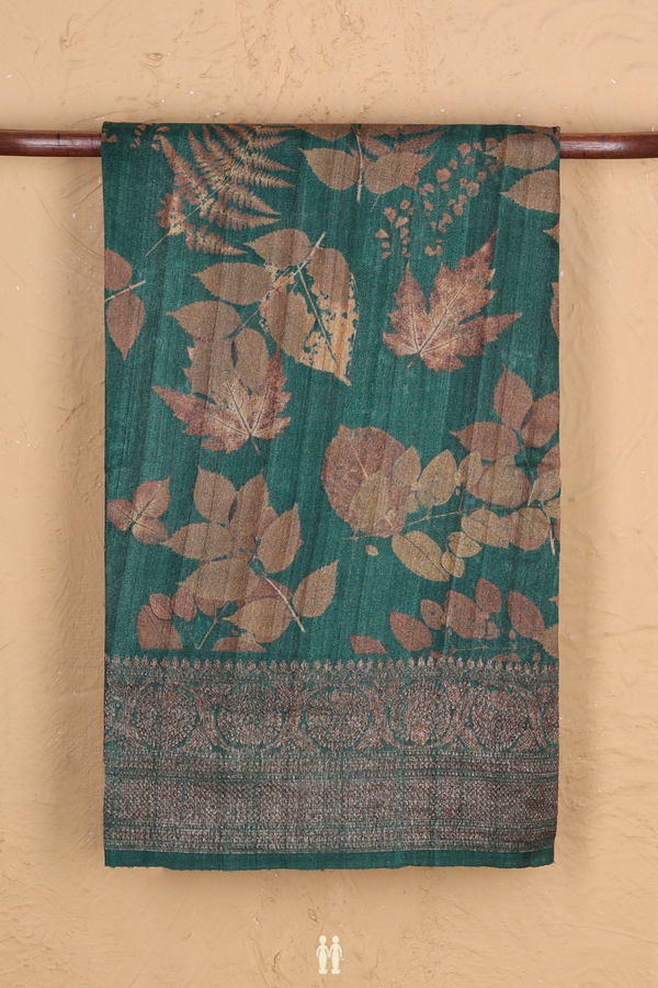 Tussar Silk Saree In Forest  Green With Leaf Design