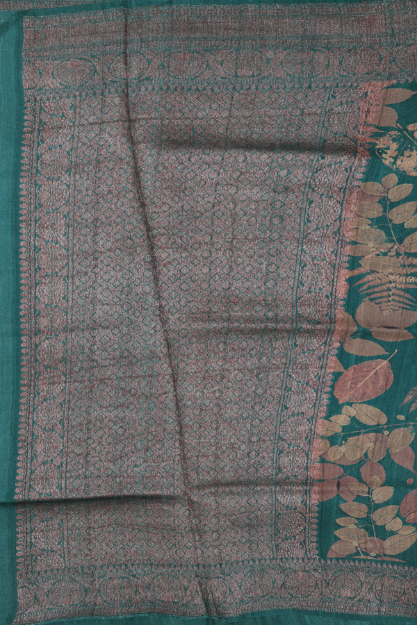 Tussar Silk Saree In Forest  Green With Leaf Design