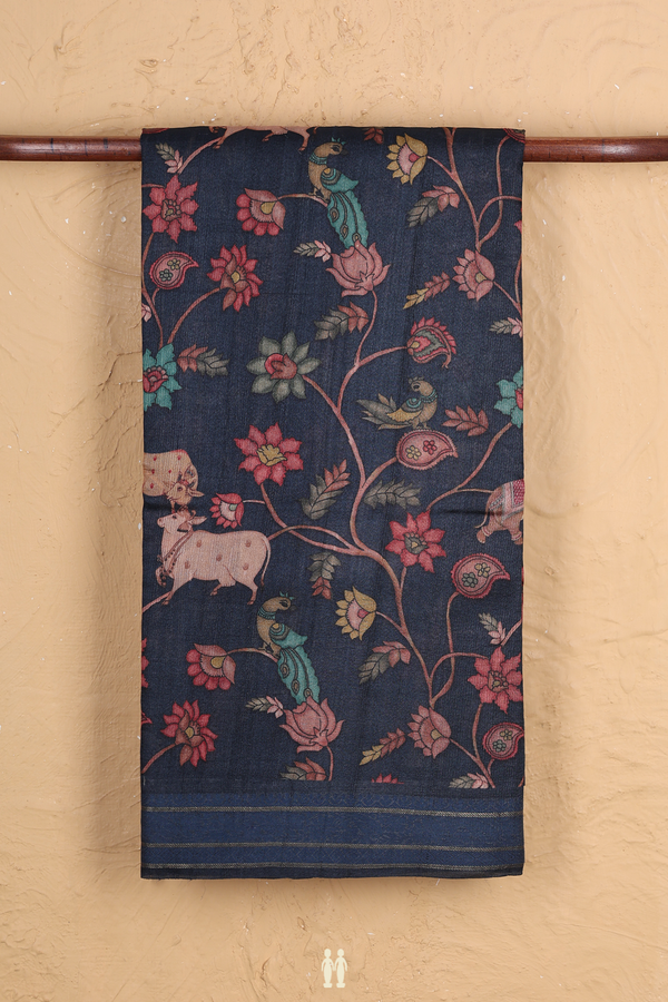 Tussar Silk Saree In Navy Blue With Printed Design