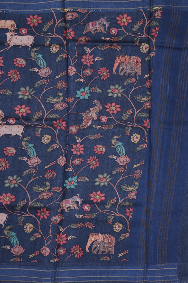 Tussar Silk Saree In Navy Blue With Printed Design
