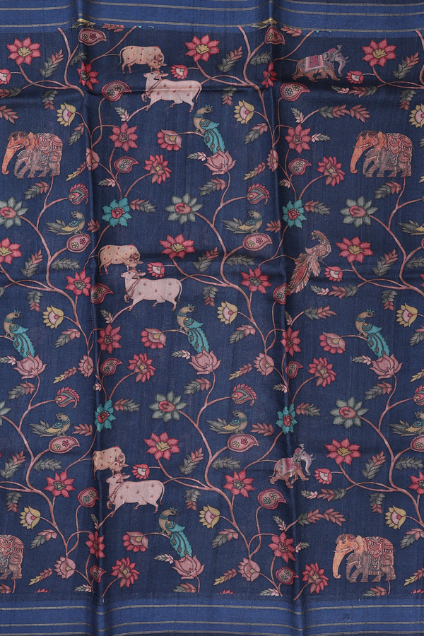 Tussar Silk Saree In Navy Blue With Printed Design
