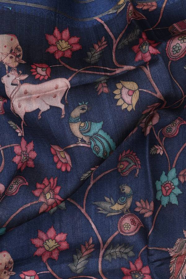 Tussar Silk Saree In Navy Blue With Printed Design