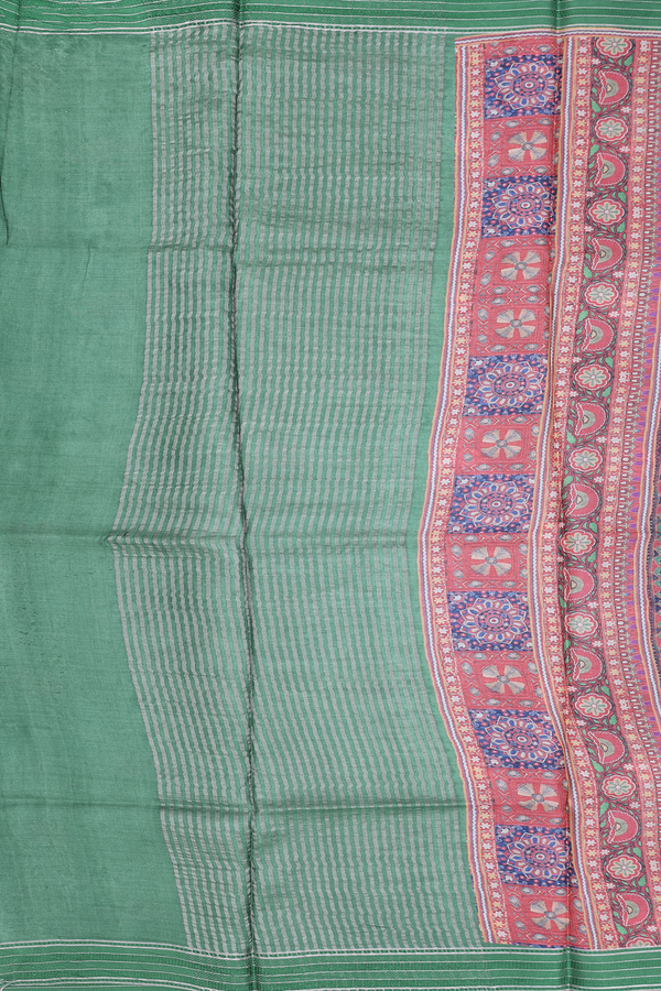 Tussar Silk Saree In Green With Diamond Design