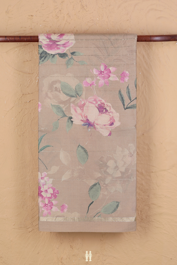 Tussar Silk Saree In Dusty Brown With Floral Design