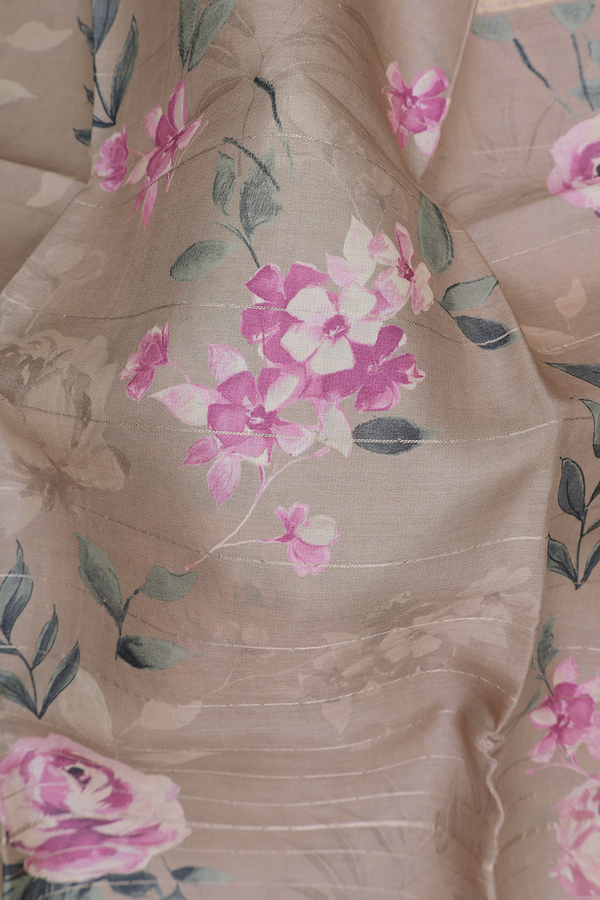Tussar Silk Saree In Dusty Brown With Floral Design