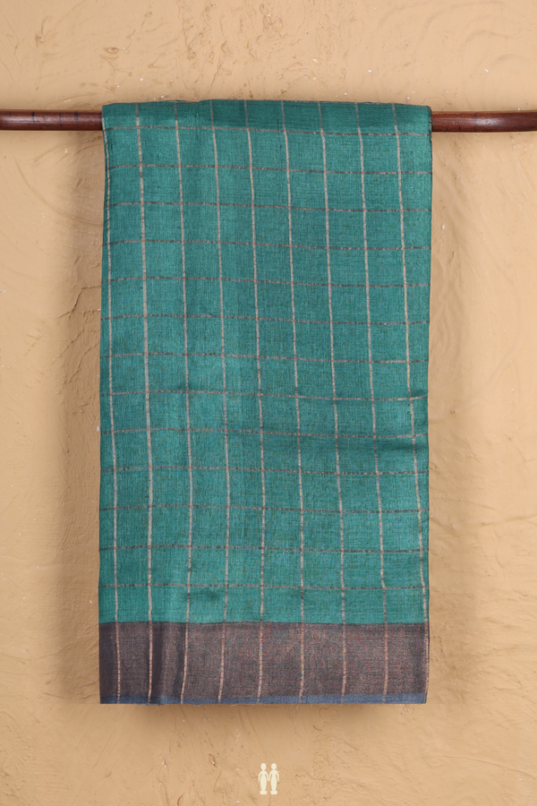 Tussar Silk Saree In Teal Blue With Checks Design