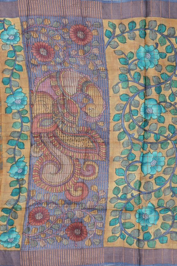 Tussar Silk Saree In Teal Blue With Checks Design