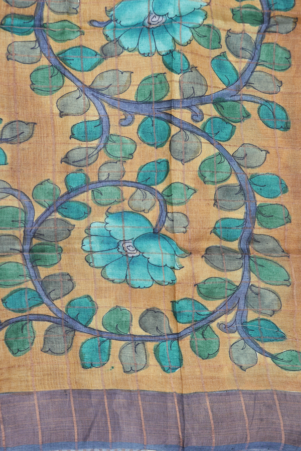 Tussar Silk Saree In Teal Blue With Checks Design