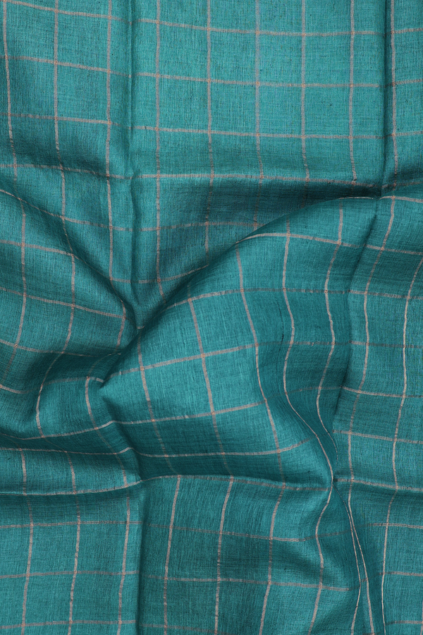 Tussar Silk Saree In Teal Blue With Checks Design