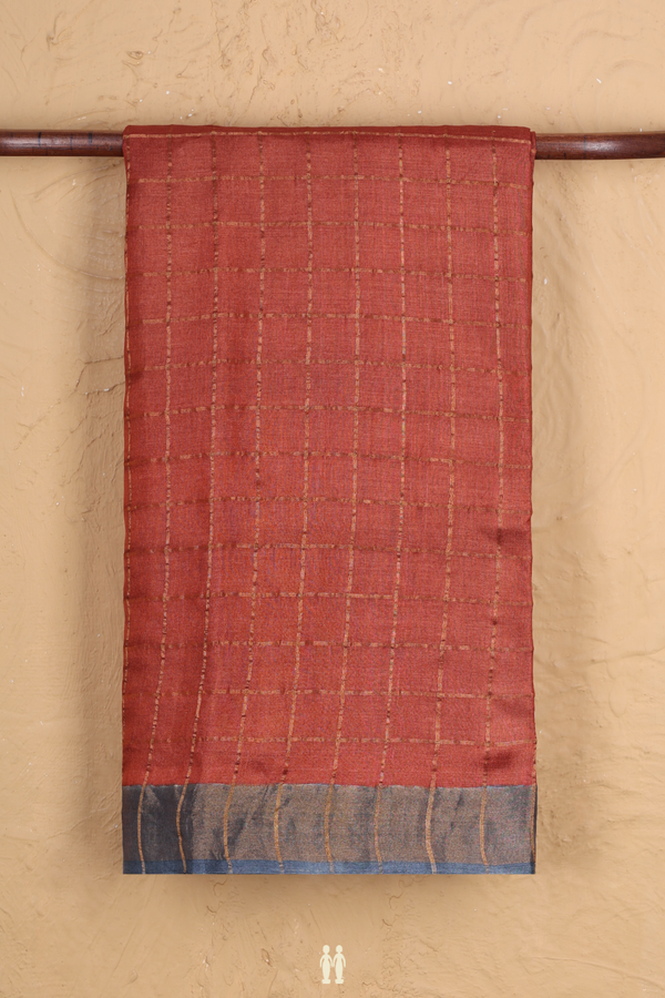 Tussar Silk Saree In Brick Red With Checks Design
