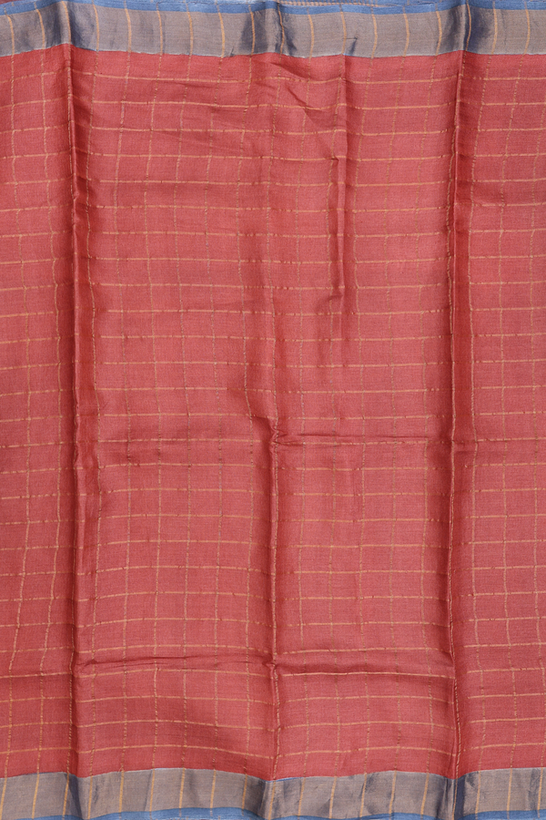 Tussar Silk Saree In Brick Red With Checks Design