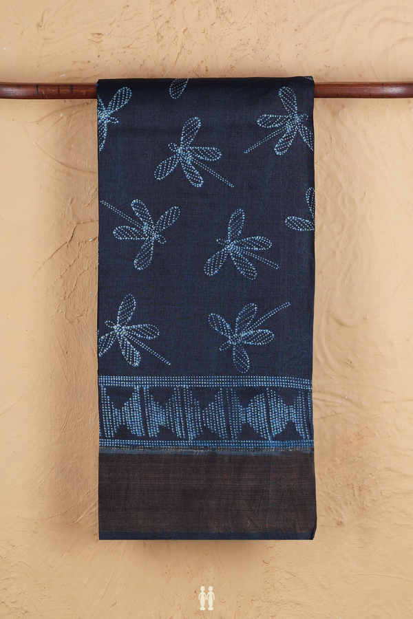 Tussar Silk Saree In Navy Blue With Shibori Design